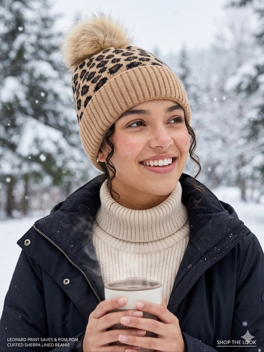 Leopard Print Save Pom Pom Cuffed Sherpa Lined Beanie